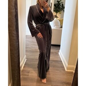 Vintage Diamond Tea Womens Velvet Velour Long Robe Dressing Gown Grey Quilted S